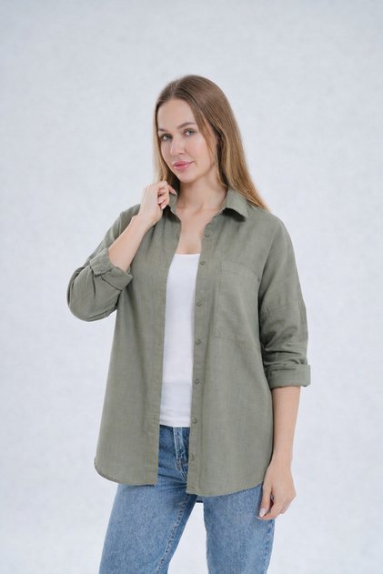 Khaki Green Flared Linen Shirt