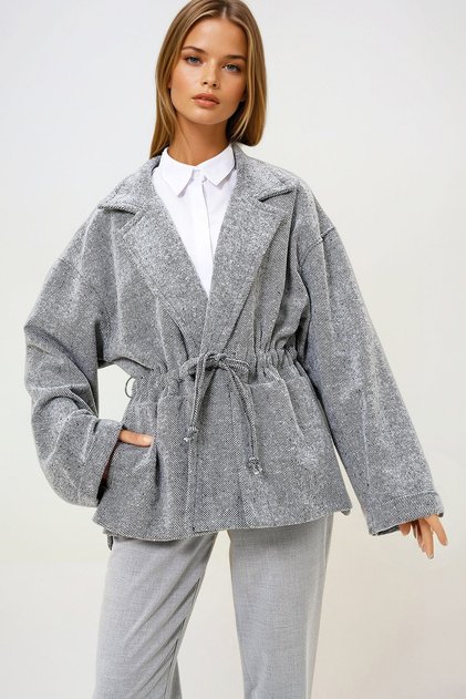 Gray Jacket with Collar and Drawstring at the Waist, Unlined Cashmere Coat Prm1326