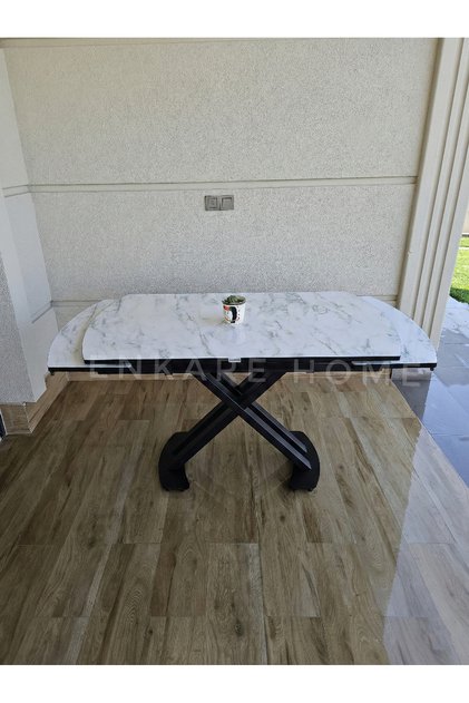 X Ayaklı Gloss Masa | Mermer Desenli Çift Kanat Açılır Mdf Masa| Mutfak Ve Salon Masası | 80x130-190