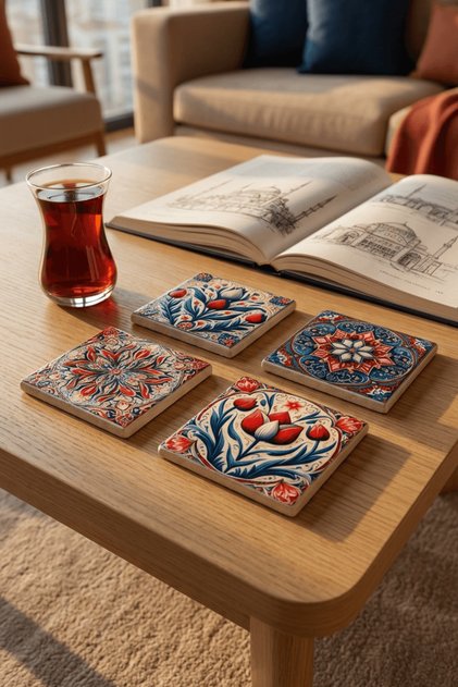Istanbul Tulip Motif Themed Tile Pattern Natural Stone Coasters Set of 4
