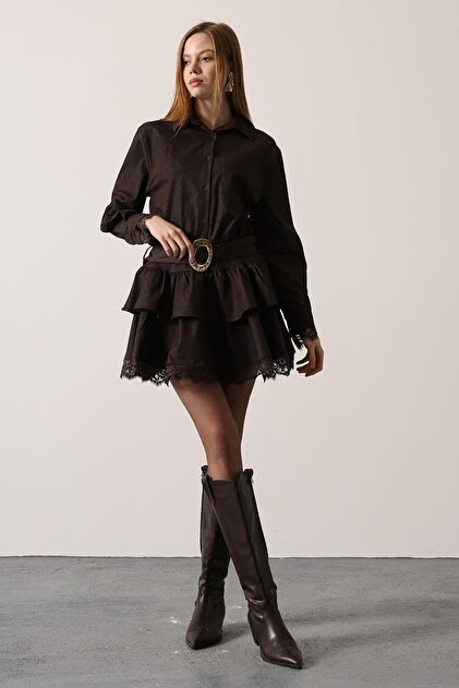Trend Alaat Stili Brown Lace Detailed Layered Mini Denim Dress Alc-X15083-  Trendyol