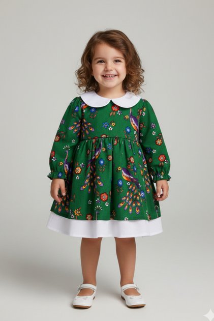 Peter Pan collar Poplin Girl's Baby Flannel Poplin Green and White Dress