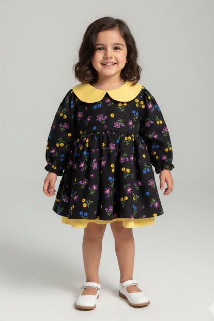 Peter Pan collar Poplin Girl's Baby Flannel Poplin Black Yellow Dress