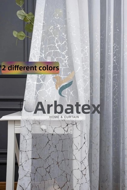 Silver Gray Silver Marble Glazed Glitter Pattern Design 2 Layer Pleated Tulle Curtain