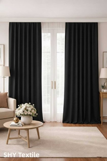 Luxury First Class Elegance Black Blackout Plain Stitch Curtain