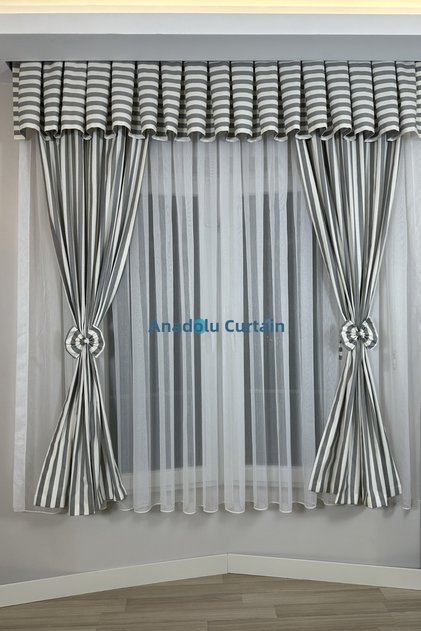 Kitchen Curtain Dense Pleated 1/3 Gray Striped Colored Cornice Short Background Curtain Modern