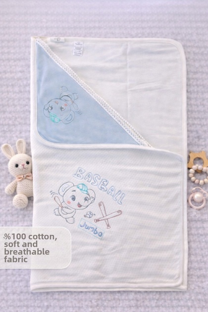 100% Cotton & Elephant Embroidered Baby Boy Blanket - Seasonal Stroller & Stroller Cover