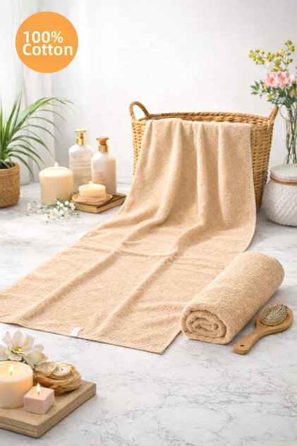 Towel Set 100% Cotton (Bath + Hair) 2-Piece Beige