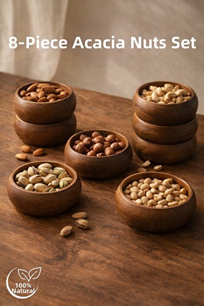 Natural Acacia Wood Snack Bowl 8-Piece Set – Breakfast & Snack Serving Bowl – 9 cm