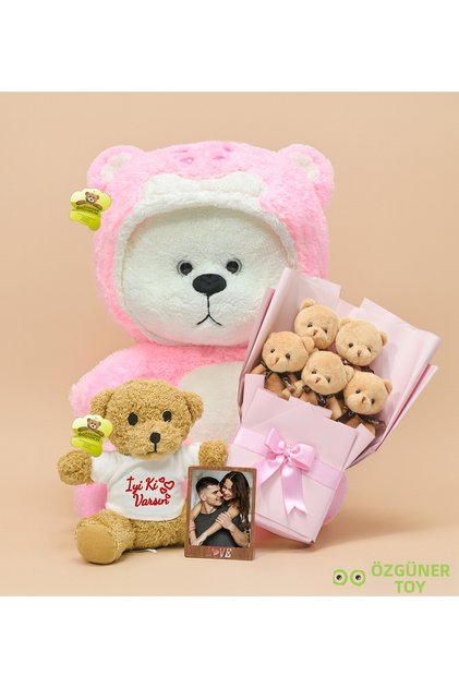 Romantic Surprise – 90 cm Sleepy Bear + 5-Piece Mini Bouquet + Frame + 25 cm You'Re so Special Bear