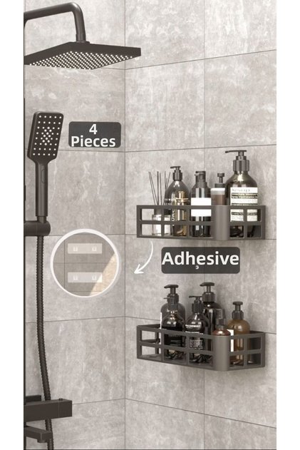 4 Pieces Bathroom Organizer Shampoo Holder Soap Dish Set Shower Shelf Organizer with Adhesive Hanger