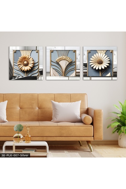 Gold Flower 3 Piece Silver Plexi Mirrored Framed Painting