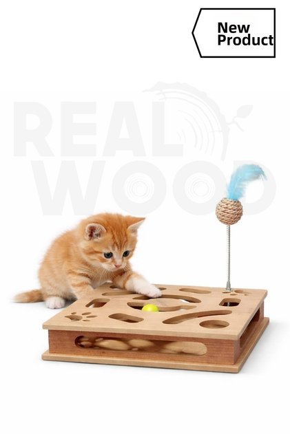 Wooden Square Cat Toy - 30cm X 30cm - with Rattle Ball - (Spring Ball Added)