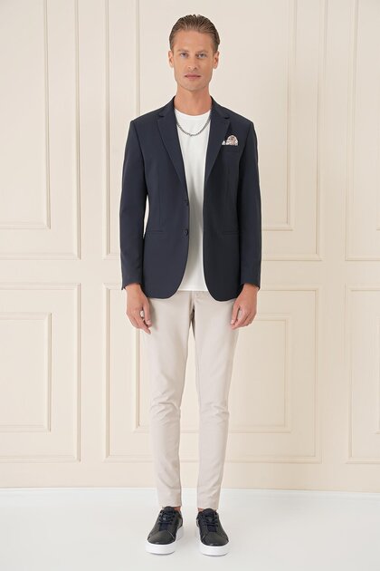Comfort Fit Çift Yırtmaç Fleto Cep Esnek Pamuk Casual Lacivert Ceket C 675