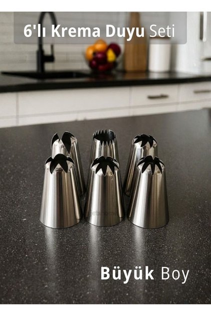 Büyük Boy 6’lı Yıldız Uçlu Krema Duy Seti – Pasta, Cupcake ve Kurabiye Süsleme Uçları Metal