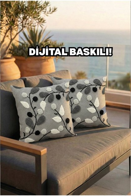 Punch Nakış Desen DİJİTAL Baskılı Gri Beyaz Çiçek Temalı 2li Kırlent Kılıfı