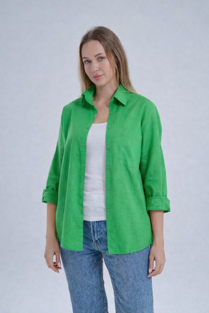 Pistachio Green Flared 100% Cotton Linen Shirt
