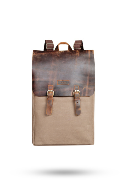 Real Leather - Canvas Fabric Mink Leather Brown Cover Laptop Backpack 15.6 Inch Design02