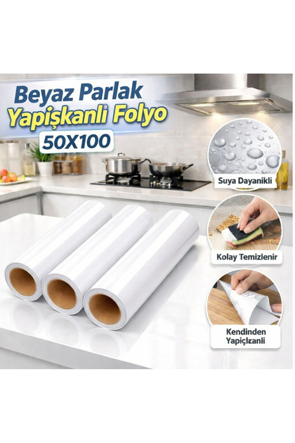 OMEGA DESIGN 50x100cm Parlak Beyaz Yapışkanlı Folyo Mutfak Dolap