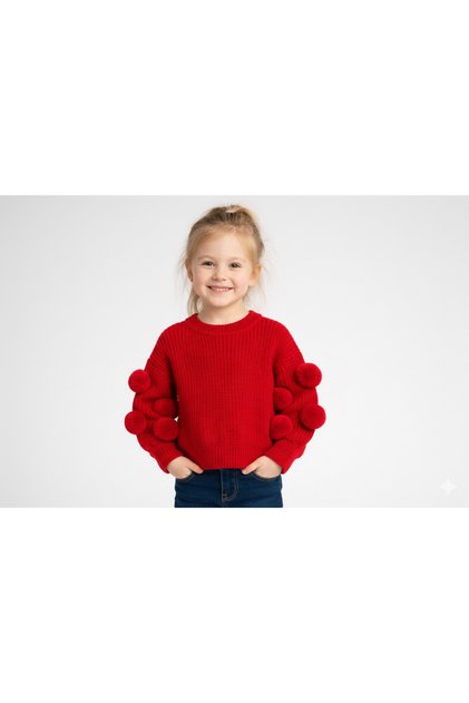 Pompom Sleeve Detailed Crew Neck Baby Girl & Kids Sweater (2-8 Years)