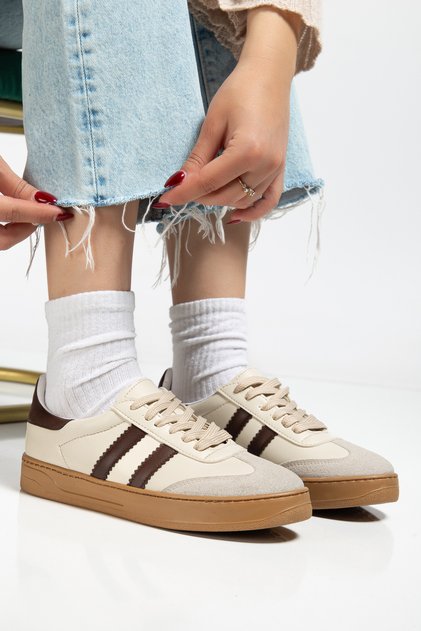 Women's Beige Thermo Sole Lace-Up Sports Shoes with Side Stripes