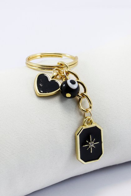 Black Glass Evil Eye Bead Metal North Star Small Keychain, Tiny Bag Ornament