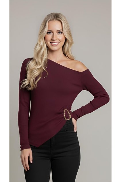 New Product Off-Shoulder Buckle Detail Long Sleeve Blouse Wrinkled Fabric