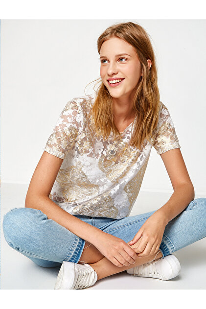 Women's Gold Patterned T-Shirt 7YAL16224OK