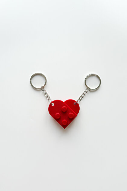 2-Piece Block Heart Silver Chain Keychain