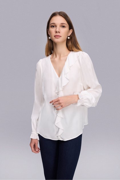 Ecru Satin Blouse with Ruffle Detail