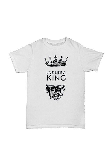 تي شيرت رجالي أبيض مطبوع بتصميم خاص من Live Like a King Taç & Beard