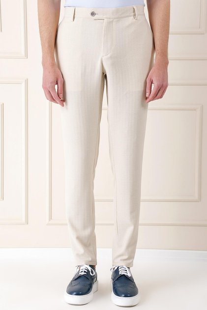 Comfort Fit Elastic Waist Herringbone Woven Casual Beige Trousers P 1155