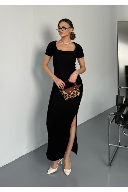 Rochie maxi neagră cu decolteu pătrat pentru femei