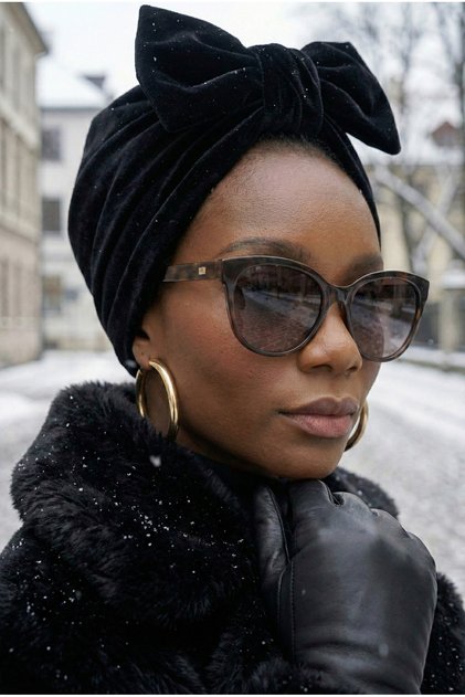Velvet Bow-Lined Black Ready-Made Turban Hijab Bonnet Suitable for Medical Use