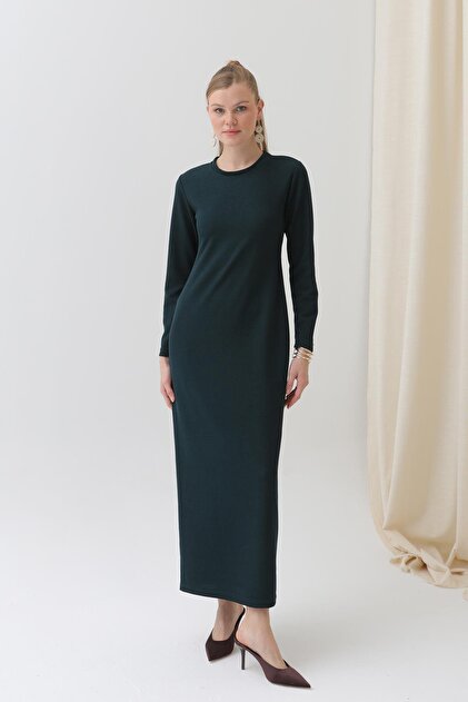 Puane Women's Basic Long Sleeve Knitwear Maxi Dress-12591Elb - Castleton  Green- Trendyol