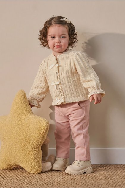 3-Piece Holiday Outfit for Baby Girl with Bow Detail Cardigan and Trousers, Beige