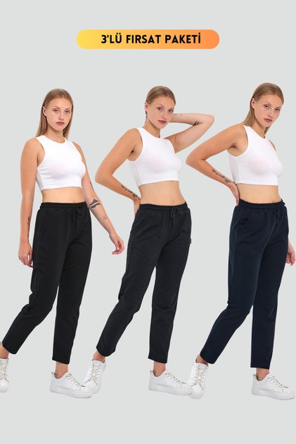 Women's Black-Navy Blue-Anthracite Regular Fit Straight Leg Elastic Waist Lace-up 3-Piece Sweatpants
