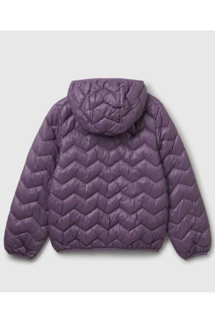 Girl's Purple Glitter Logo Detailed Hooded Seasonal Thin Coat
