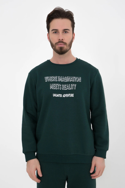 Men's Crew Neck Regular Fit Printed İçi Ş Fleece-Lined Coldproof Sweatshirt Green