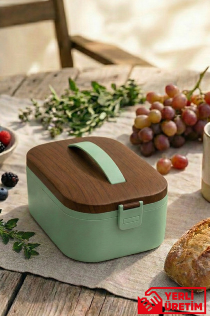 Lunchee - Çelik Bölmeli Sızdırmaz Ahşap Görünümlü Vakum Kapaklı Yemek Kabı Lunchbox 650 ml