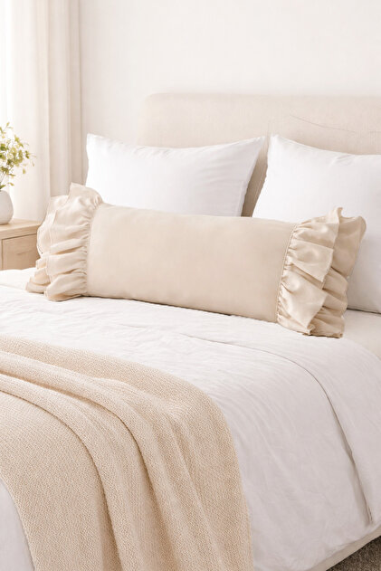 Cream, Frilly, Country, Scandinavian, Bohemian, Vintage Long 40X100 Throw Pillow (Filled)