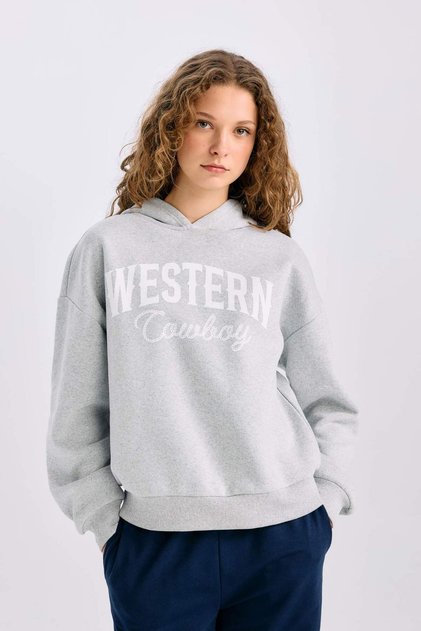 Oversize Fit Wide Fit Hooded Printed Thick Sweatshirt Fabric Sweatshirt E3658Axns