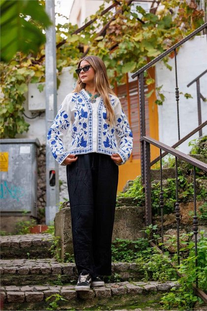 White Color Blue Embroidered Shirt Jacket