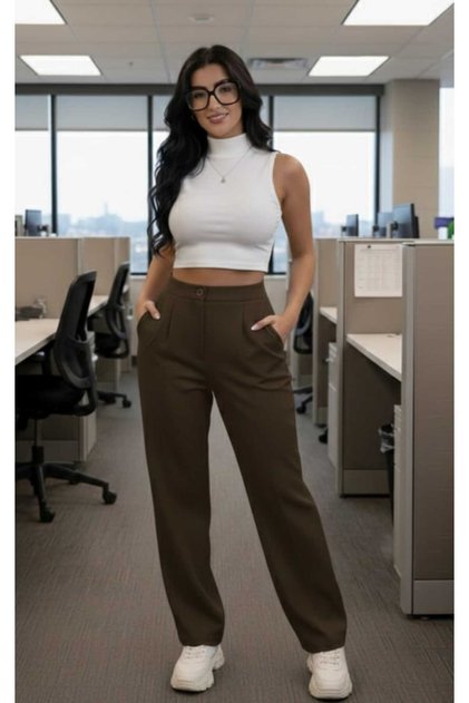 Palazzo Brown Trousers for Women with Pockets, Detailless Oversize Original Cut, Loose, Daily, Comfortable, Low Lycra