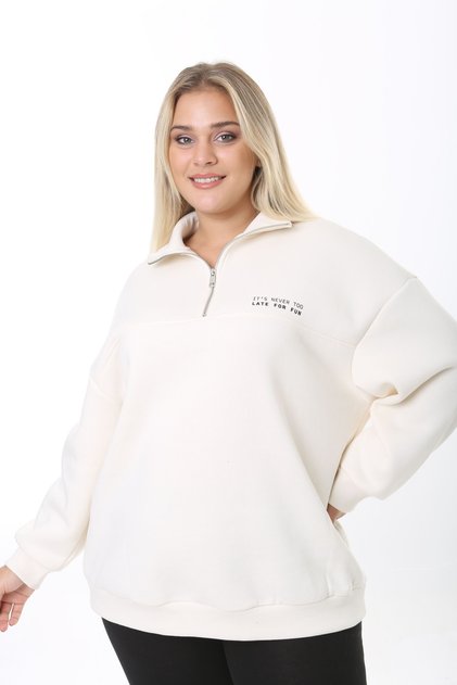 3 İplik İçi Polarlı Fermuarlı Yüksek Yakalı Slogan Baskılı Büyük Beden Sweatshirt Ecru