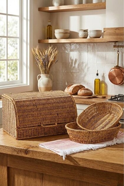 Doğal Rattan 3’lü Hasır Set | Kapaklı Ekmek Sepeti ve Dekoratif Sunum Sepetleri