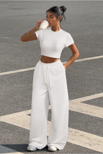 Women's White Crop T-Shirt and High Waist Wide Leg Sweatpants Set Casual Daily Sport Combination