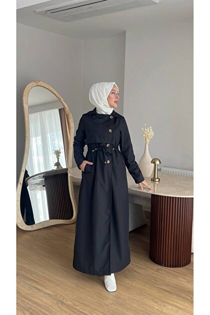 Kadın Düğmeli Trençkot | Kendi Kumaşından Kemerli Model