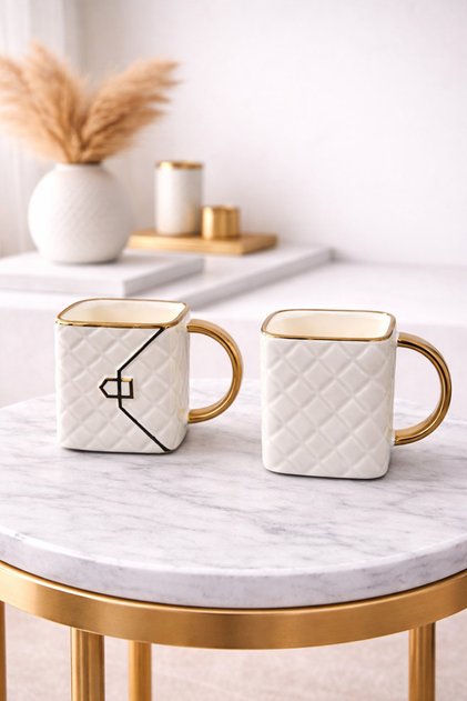 2 Pieces Luxury Porcelain Gilded Gold Detailed Bag Mug Cup Special Design 250ml