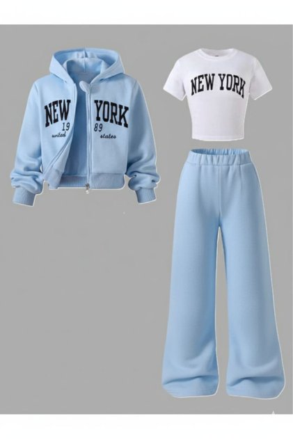 Çocuk Yeni New York Baskılı 3'lü Ceket Crop T-shirt Ve Eşofman Set Takım